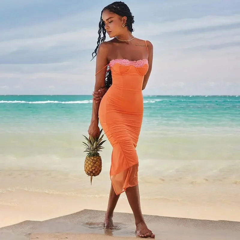 Sexy Summer Long Dress Lacetee Wrapped Chest Tank Dress