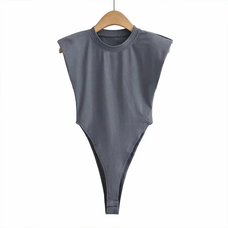 Sexy Summer One-Piece Bodysuit for Women Black Sleeveless Padded Shoulders Bodycon Style