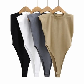 Sexy Summer One-Piece Bodysuit for Women Black Sleeveless Padded Shoulders Bodycon Style