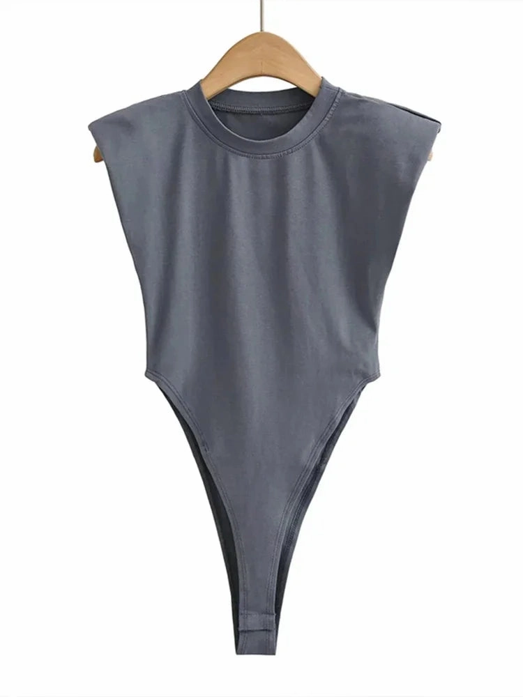 Sexy Summer One-Piece Bodysuit for Women Black Sleeveless Padded Shoulders Bodycon Style