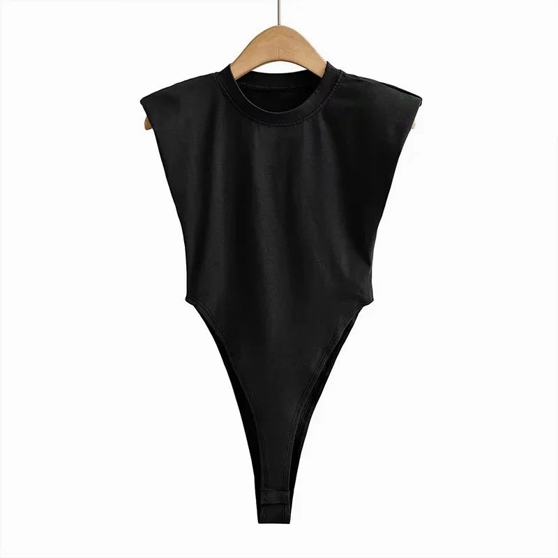 Sexy Summer One-Piece Bodysuit for Women Black Sleeveless Padded Shoulders Bodycon Style