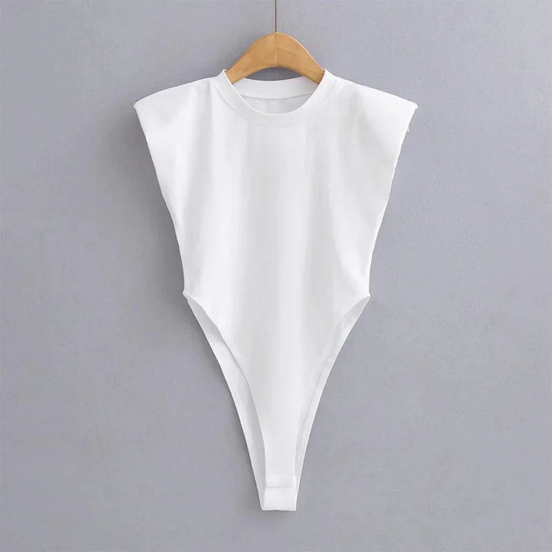 Sexy Summer One-Piece Bodysuit for Women Black Sleeveless Padded Shoulders Bodycon Style