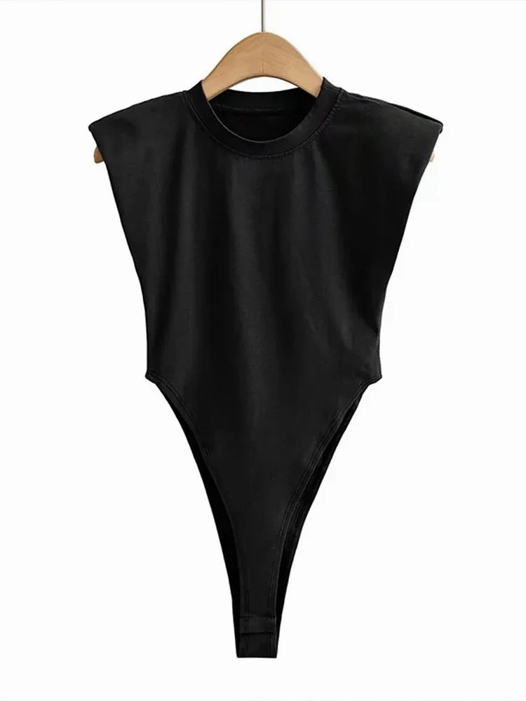 Sexy Summer One-Piece Bodysuit for Women Black Sleeveless Padded Shoulders Bodycon Style