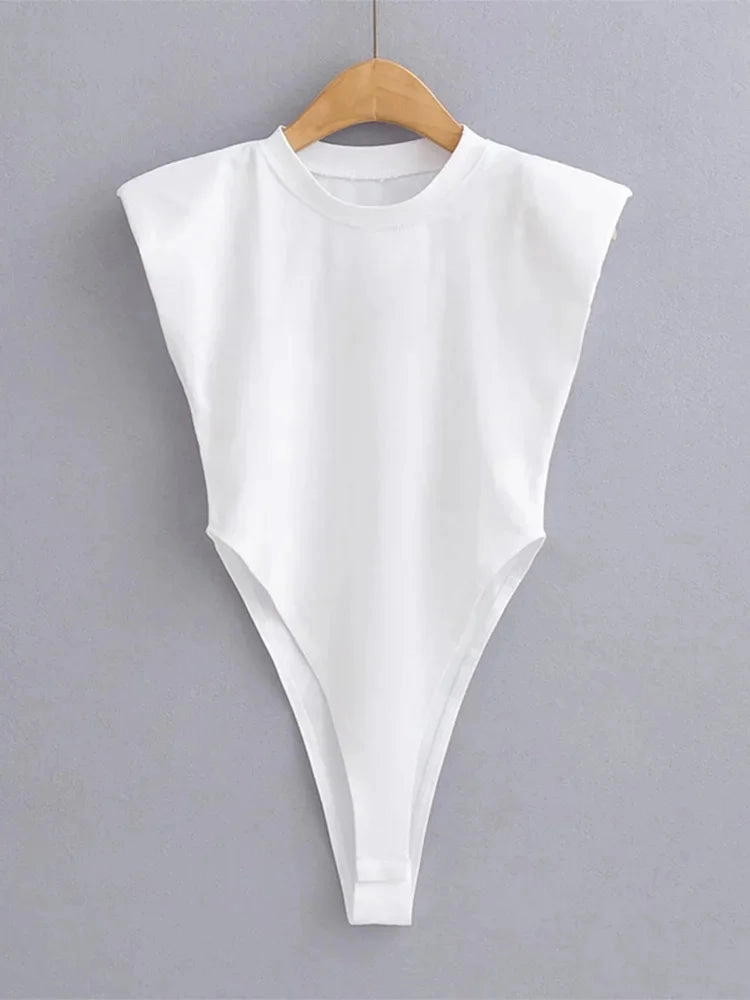 Sexy Summer One-Piece Bodysuit for Women Black Sleeveless Padded Shoulders Bodycon Style