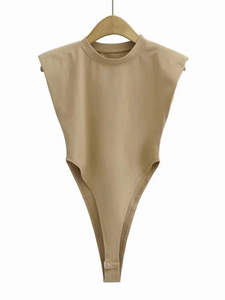 Sexy Summer One-Piece Bodysuit for Women Black Sleeveless Padded Shoulders Bodycon Style