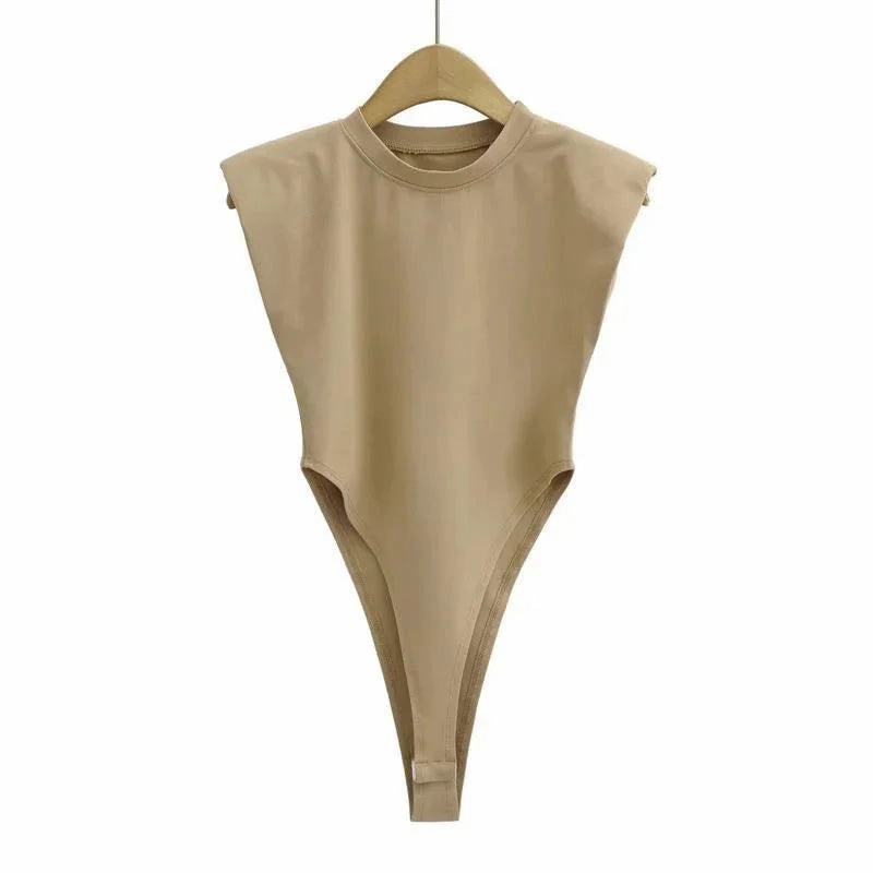 Sexy Summer One-Piece Bodysuit for Women Black Sleeveless Padded Shoulders Bodycon Style
