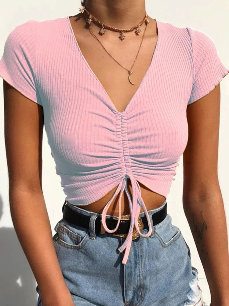 Sexy V Neck Cropped Tank Tops Women Slim Fit Ribbed Camis Candy Colors for Summer Party Streetwear