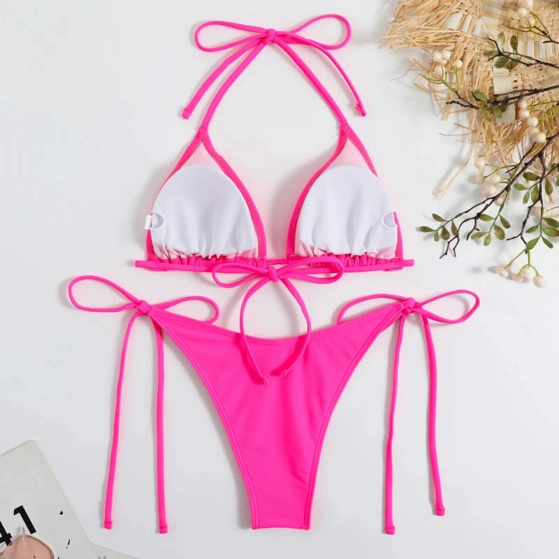 Sexy Women Thong Solid Color Bikini Set Adjustable Swimwear