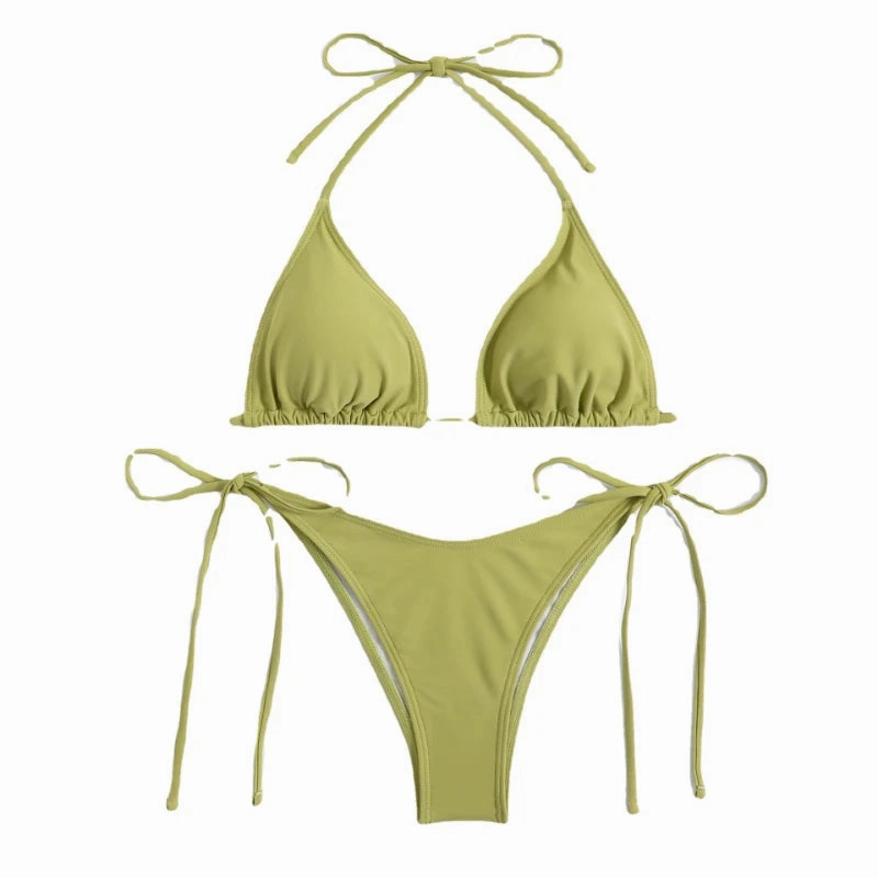 Sexy Women Thong Solid Color Bikini Set Adjustable Swimwear