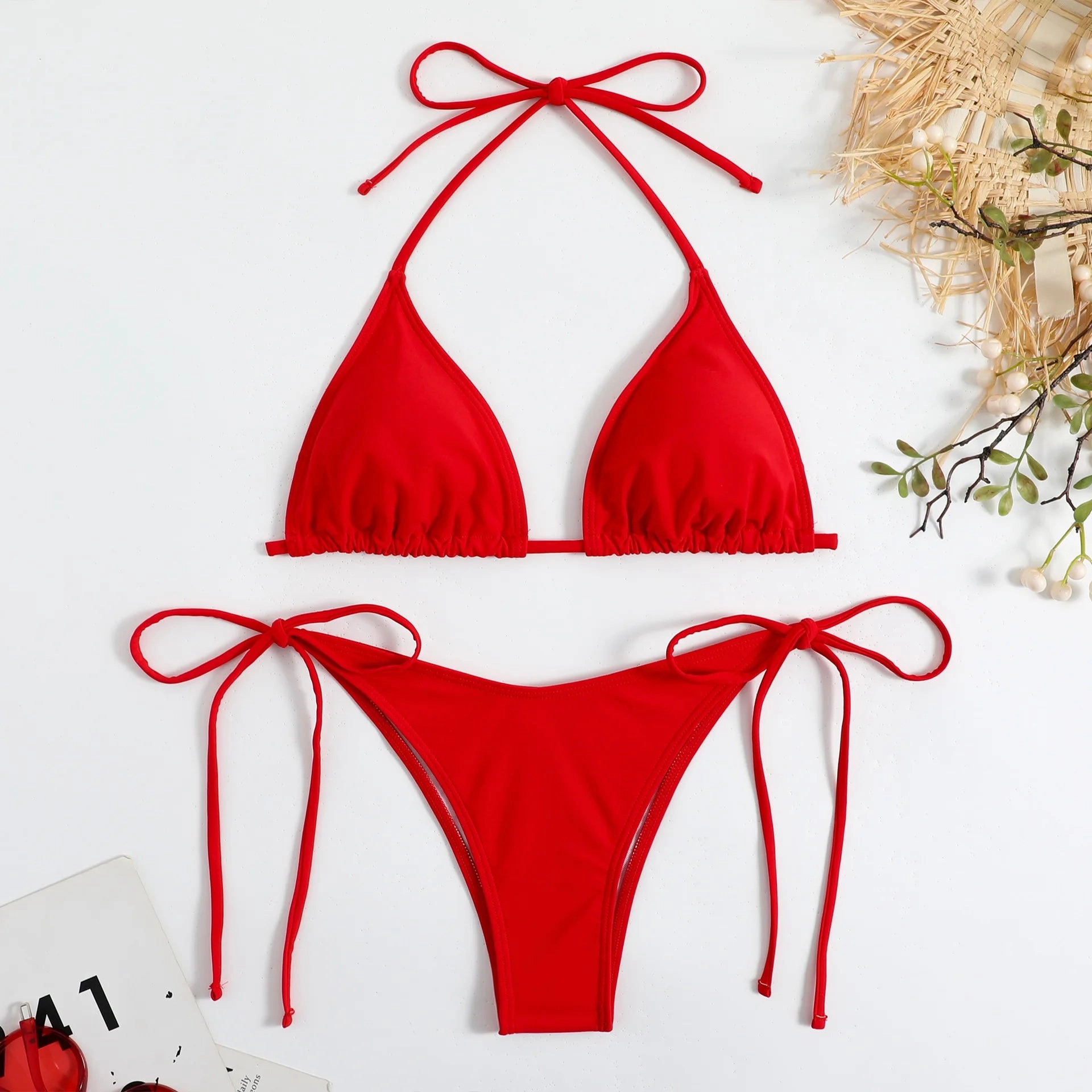 Sexy Women Thong Solid Color Bikini Set Adjustable Swimwear