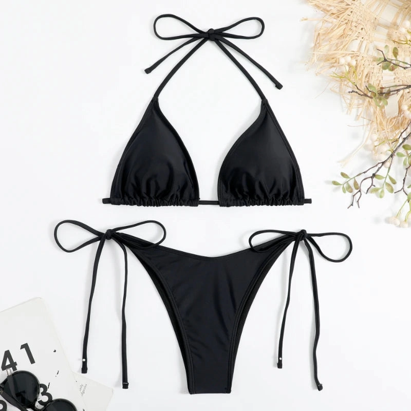 Sexy Women Thong Solid Color Bikini Set Adjustable Swimwear