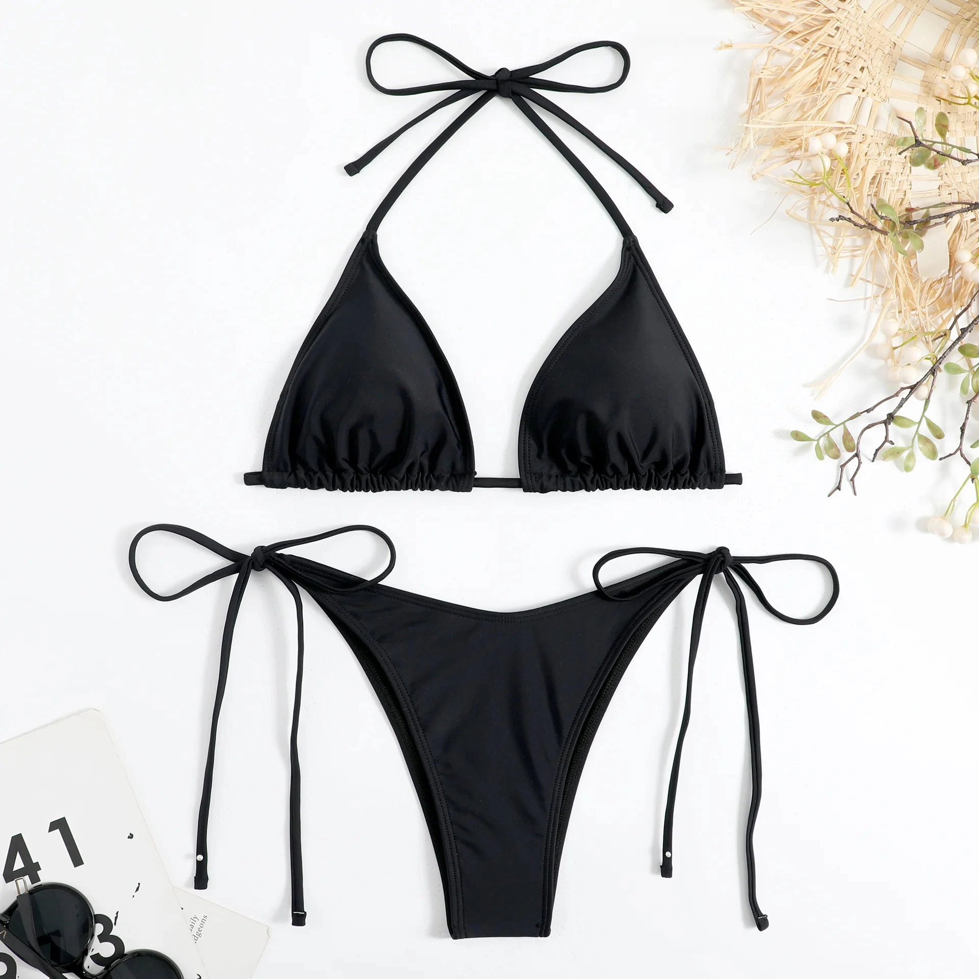 Sexy Women Thong Solid Color Bikini Set Adjustable Swimwear
