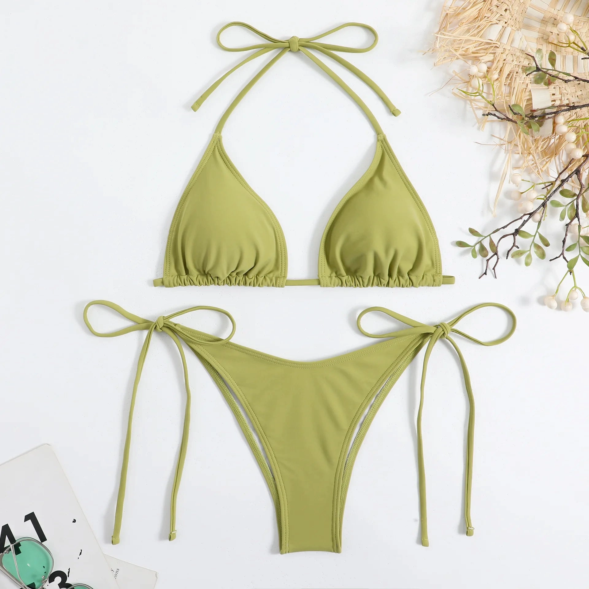 Sexy Women Thong Solid Color Bikini Set Adjustable Swimwear