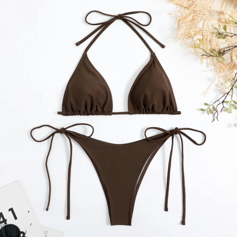 Sexy Women Thong Solid Color Bikini Set Adjustable Swimwear