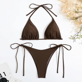 Sexy Women Thong Solid Color Bikini Set Adjustable Swimwear