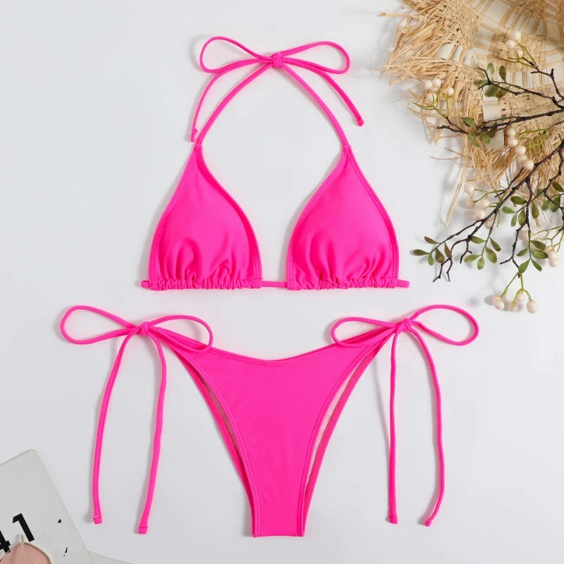 Sexy Women Thong Solid Color Bikini Set Adjustable Swimwear