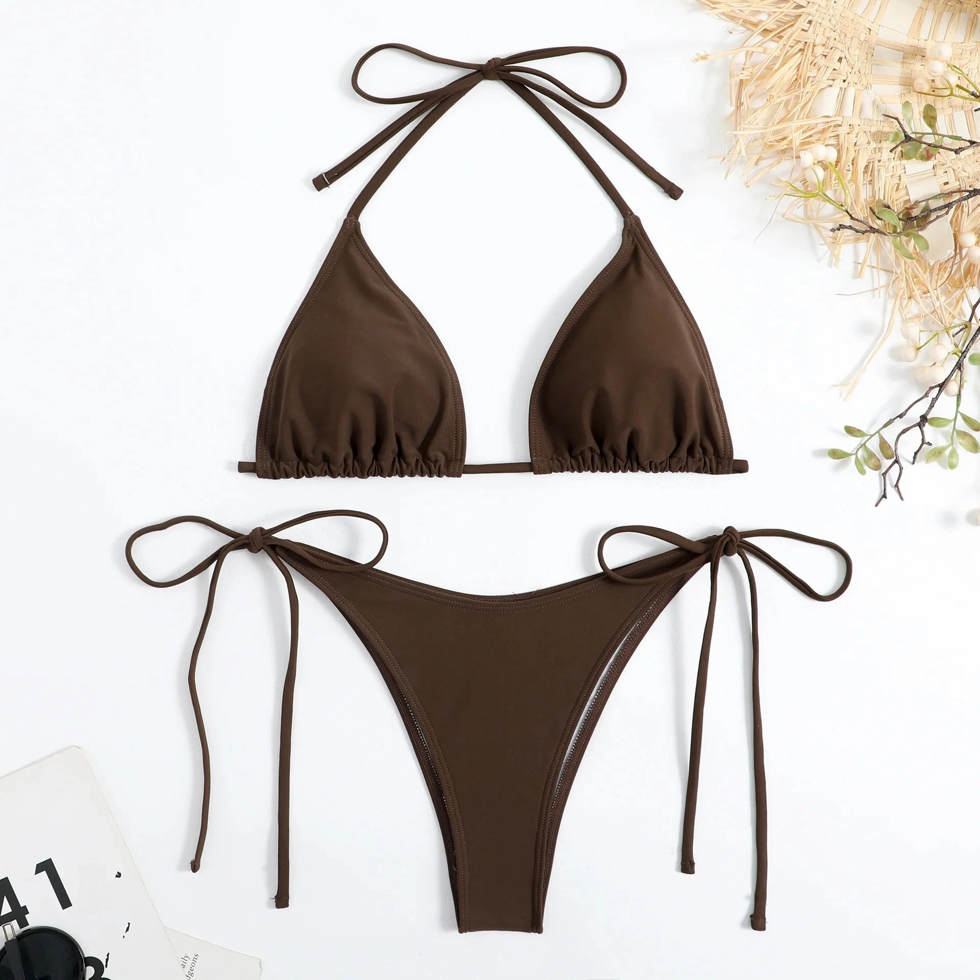 Sexy Women Thong Solid Color Bikini Set Adjustable Swimwear