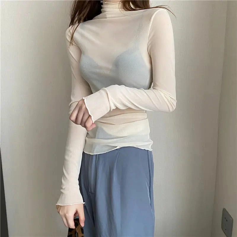Sheer Long Sleeve Turtleneck Mesh Top for Women - Slim Fit Lace Crop Tee