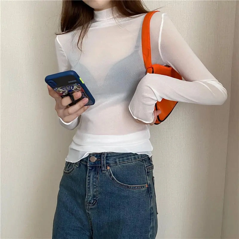 Sheer Long Sleeve Turtleneck Mesh Top for Women - Slim Fit Lace Crop Tee