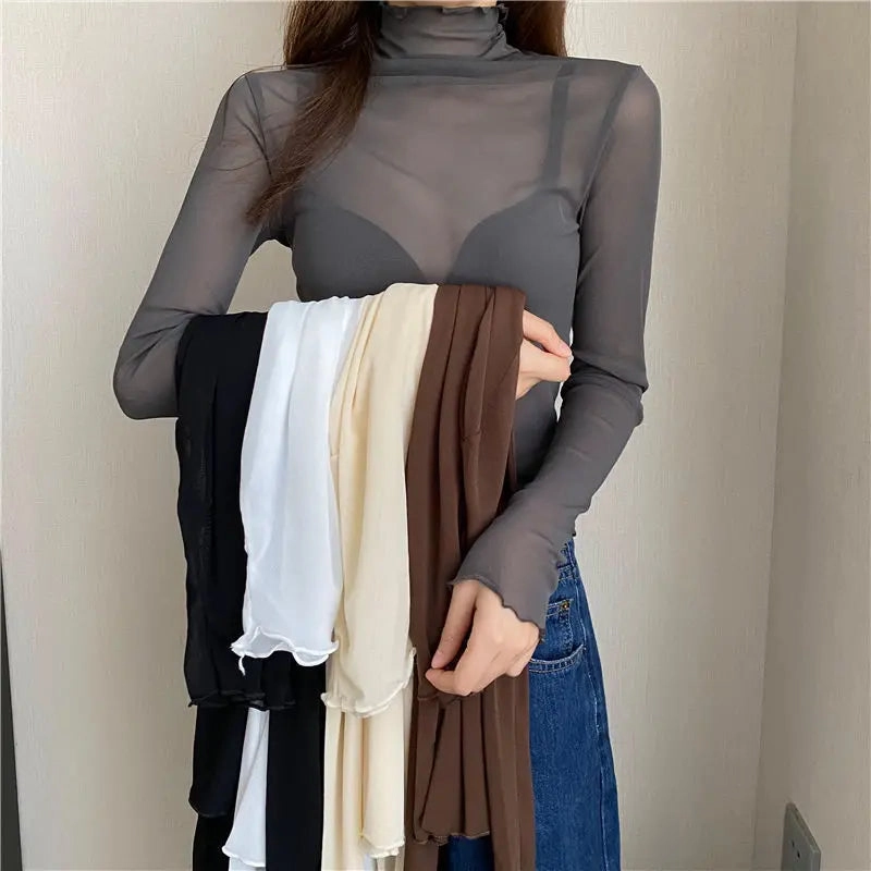 Sheer Long Sleeve Turtleneck Mesh Top for Women - Slim Fit Lace Crop Tee