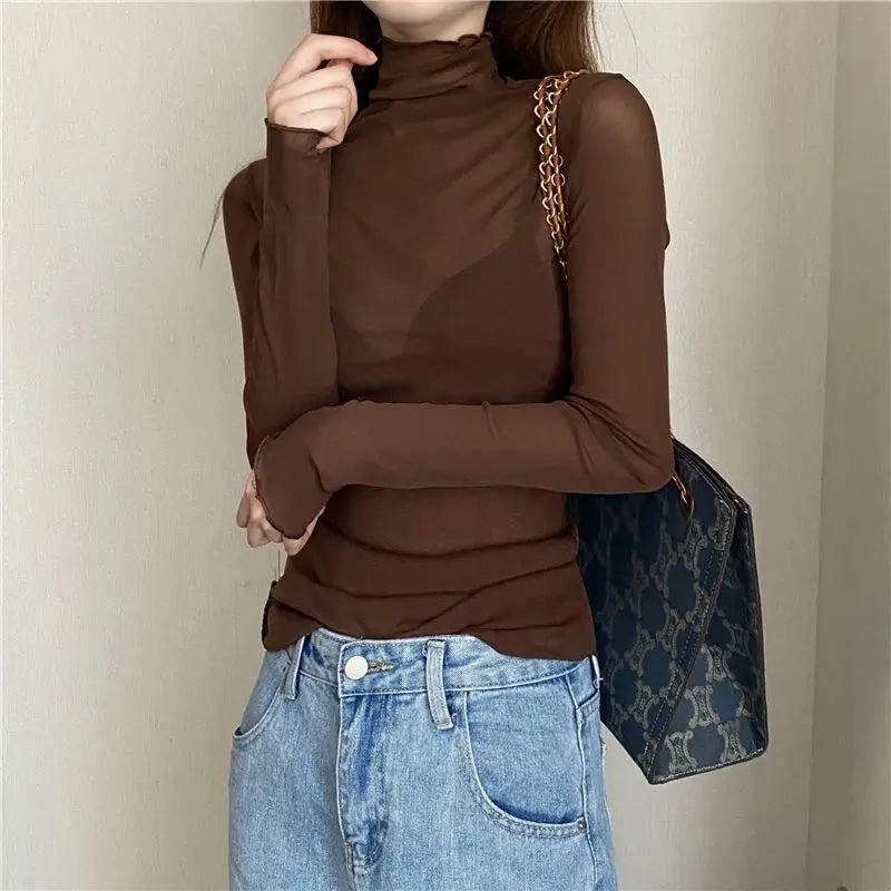 Sheer Long Sleeve Turtleneck Mesh Top for Women - Slim Fit Lace Crop Tee
