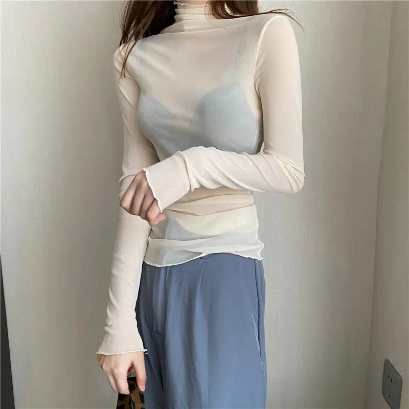 Sheer Long Sleeve Turtleneck Mesh Top for Women - Slim Fit Lace Crop Tee