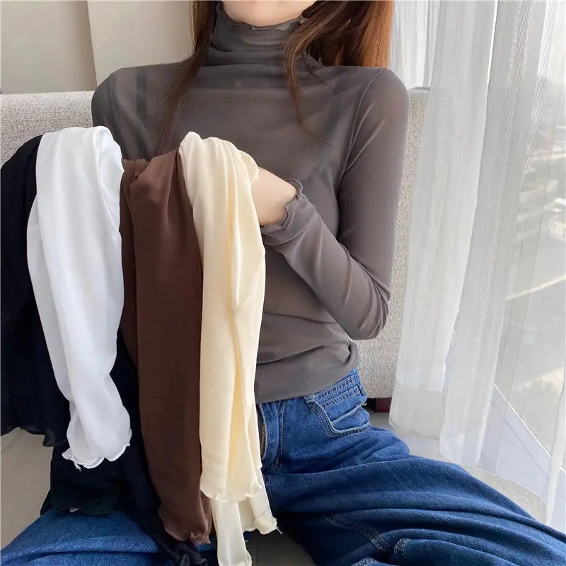 Sheer Long Sleeve Turtleneck Mesh Top for Women - Slim Fit Lace Crop Tee