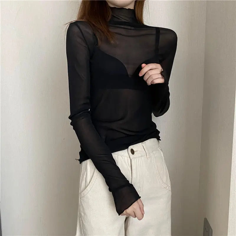 Sheer Long Sleeve Turtleneck Mesh Top for Women - Slim Fit Lace Crop Tee