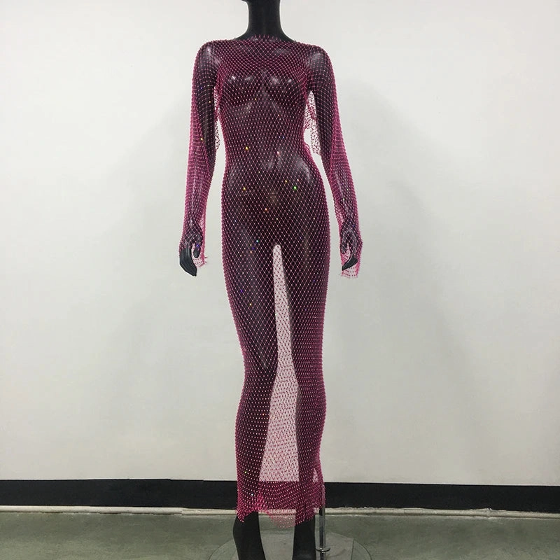 Shiny Rhinestones Grid Fishnet Dress for Women Long Sleeve O-Neck Hollow Out Side Slit Sexy Beach Cover Up Dress for Summer and Party