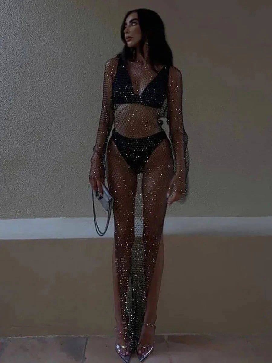 Shiny Rhinestones Grid Fishnet Dress for Women Long Sleeve O-Neck Hollow Out Side Slit Sexy Beach Cover Up Dress for Summer and Party