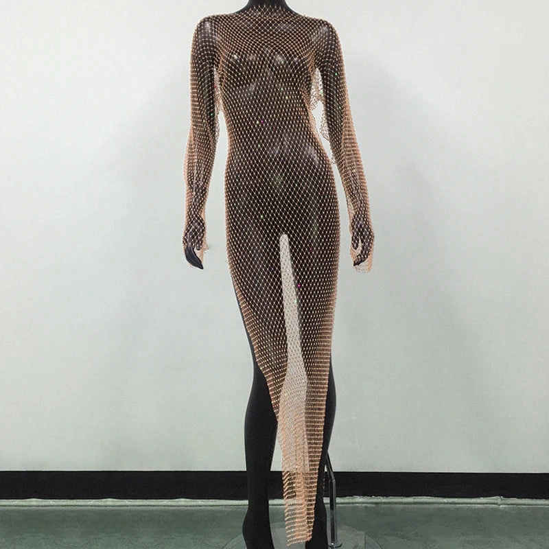 Shiny Rhinestones Grid Fishnet Dress for Women Long Sleeve O-Neck Hollow Out Side Slit Sexy Beach Cover Up Dress for Summer and Party