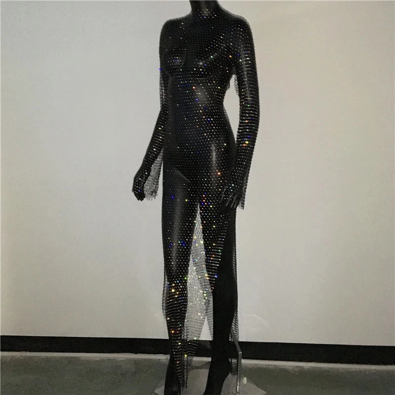 Shiny Rhinestones Grid Fishnet Dress for Women Long Sleeve O-Neck Hollow Out Side Slit Sexy Beach Cover Up Dress for Summer and Party