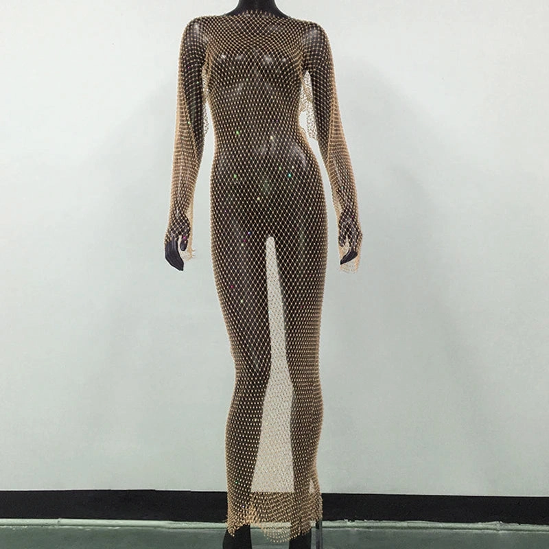 Shiny Rhinestones Grid Fishnet Dress for Women Long Sleeve O-Neck Hollow Out Side Slit Sexy Beach Cover Up Dress for Summer and Party