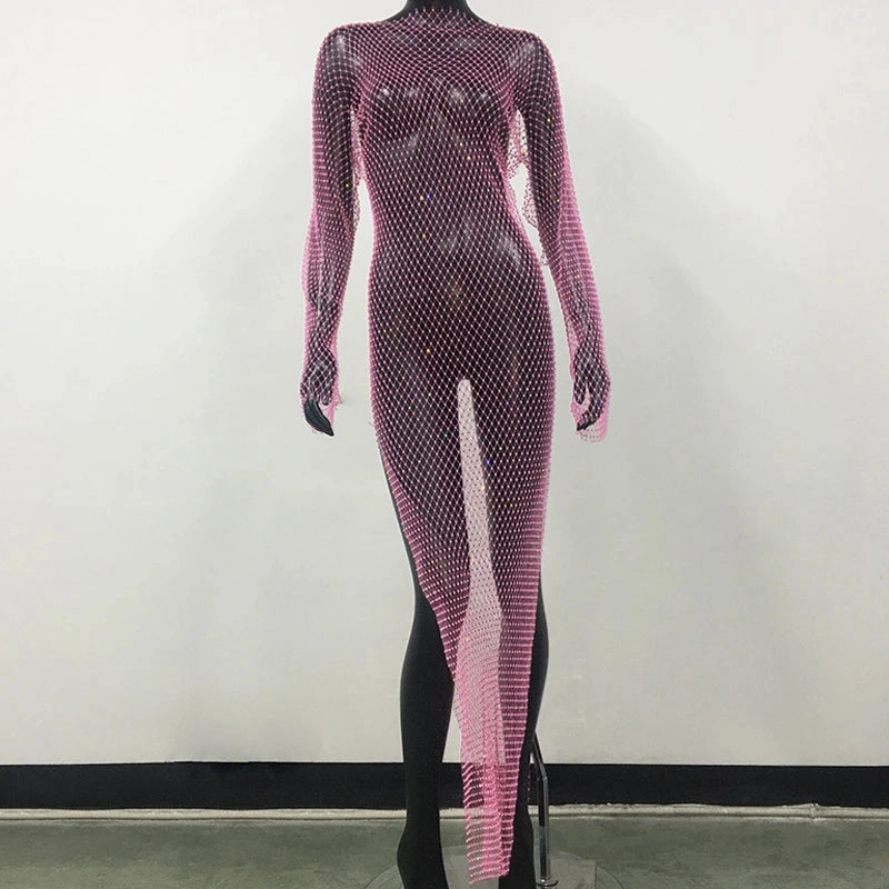 Shiny Rhinestones Grid Fishnet Dress for Women Long Sleeve O-Neck Hollow Out Side Slit Sexy Beach Cover Up Dress for Summer and Party
