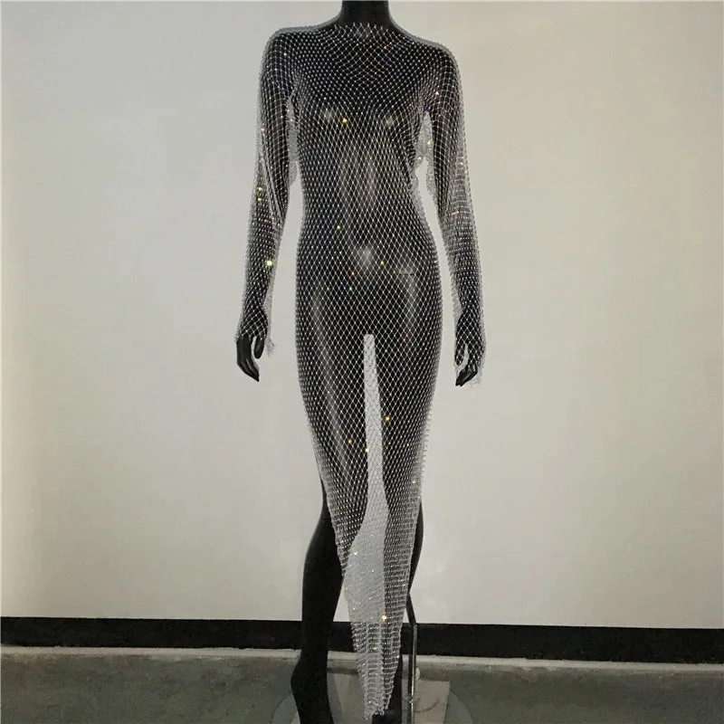 Shiny Rhinestones Grid Fishnet Dress for Women Long Sleeve O-Neck Hollow Out Side Slit Sexy Beach Cover Up Dress for Summer and Party