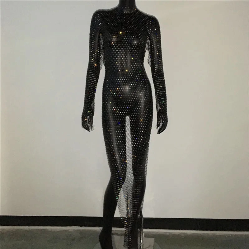 Shiny Rhinestones Grid Fishnet Dress for Women Long Sleeve O-Neck Hollow Out Side Slit Sexy Beach Cover Up Dress for Summer and Party