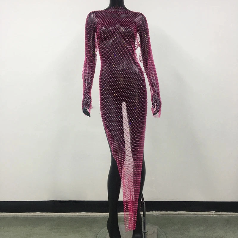 Shiny Rhinestones Grid Fishnet Dress for Women Long Sleeve O-Neck Hollow Out Side Slit Sexy Beach Cover Up Dress for Summer and Party