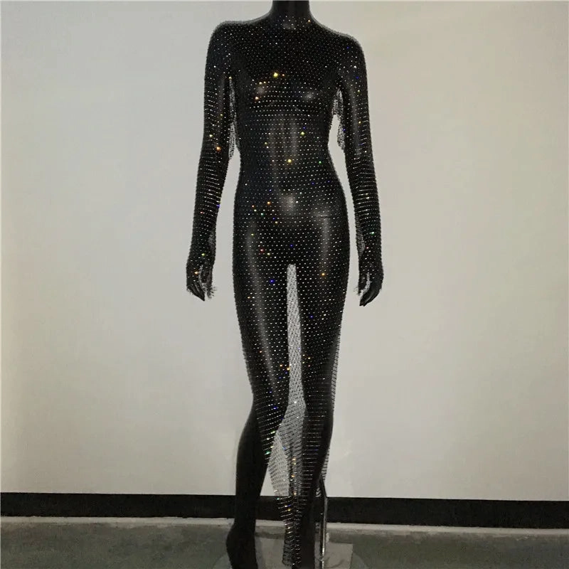 Shiny Rhinestones Grid Fishnet Dress for Women Long Sleeve O-Neck Hollow Out Side Slit Sexy Beach Cover Up Dress for Summer and Party