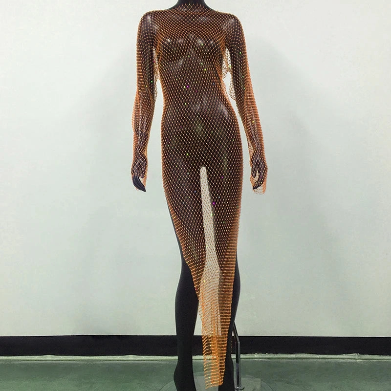 Shiny Rhinestones Grid Fishnet Dress for Women Long Sleeve O-Neck Hollow Out Side Slit Sexy Beach Cover Up Dress for Summer and Party