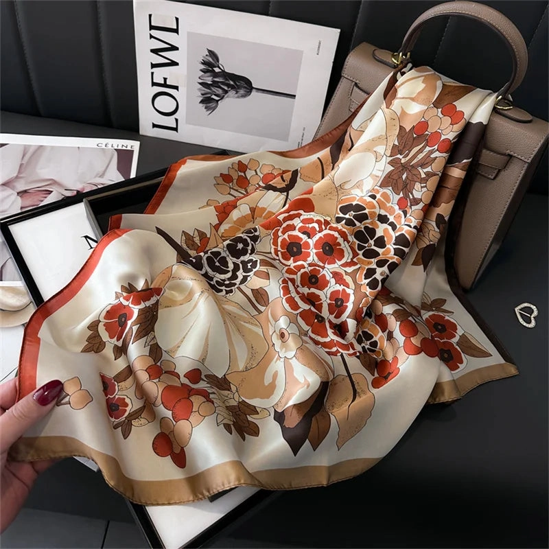 Silk Satin Hair Scarf Women Handkerchief Print Head Bandana 70x70cm
