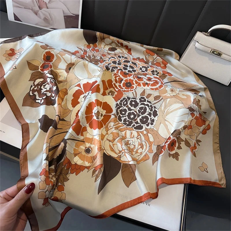 Silk Satin Hair Scarf Women Handkerchief Print Head Bandana 70x70cm