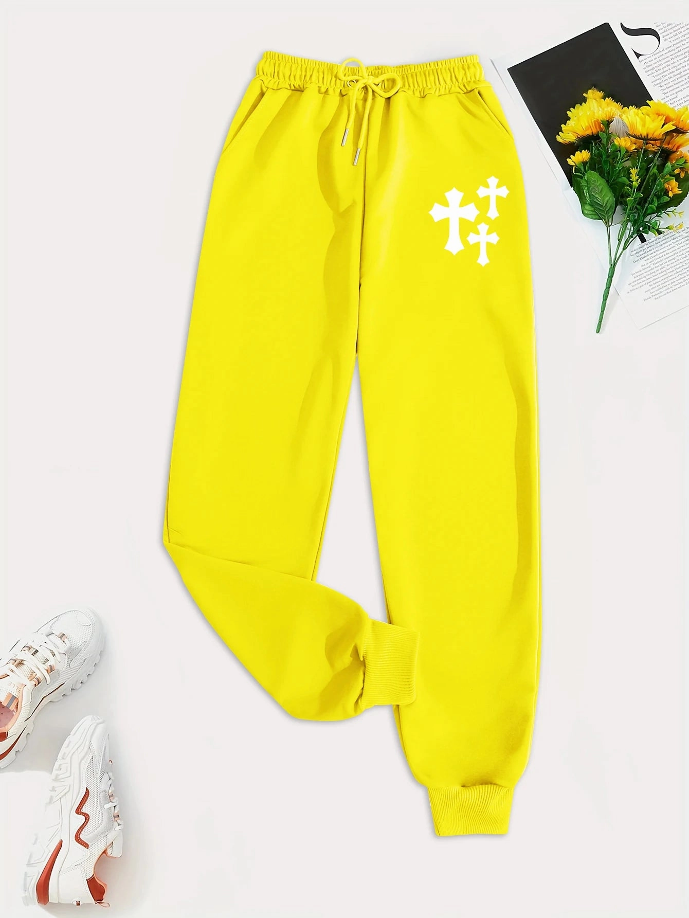 Simple Cross Printing Casual Women Pants with Pockets Loose Sweatpants for Everyday Wear
