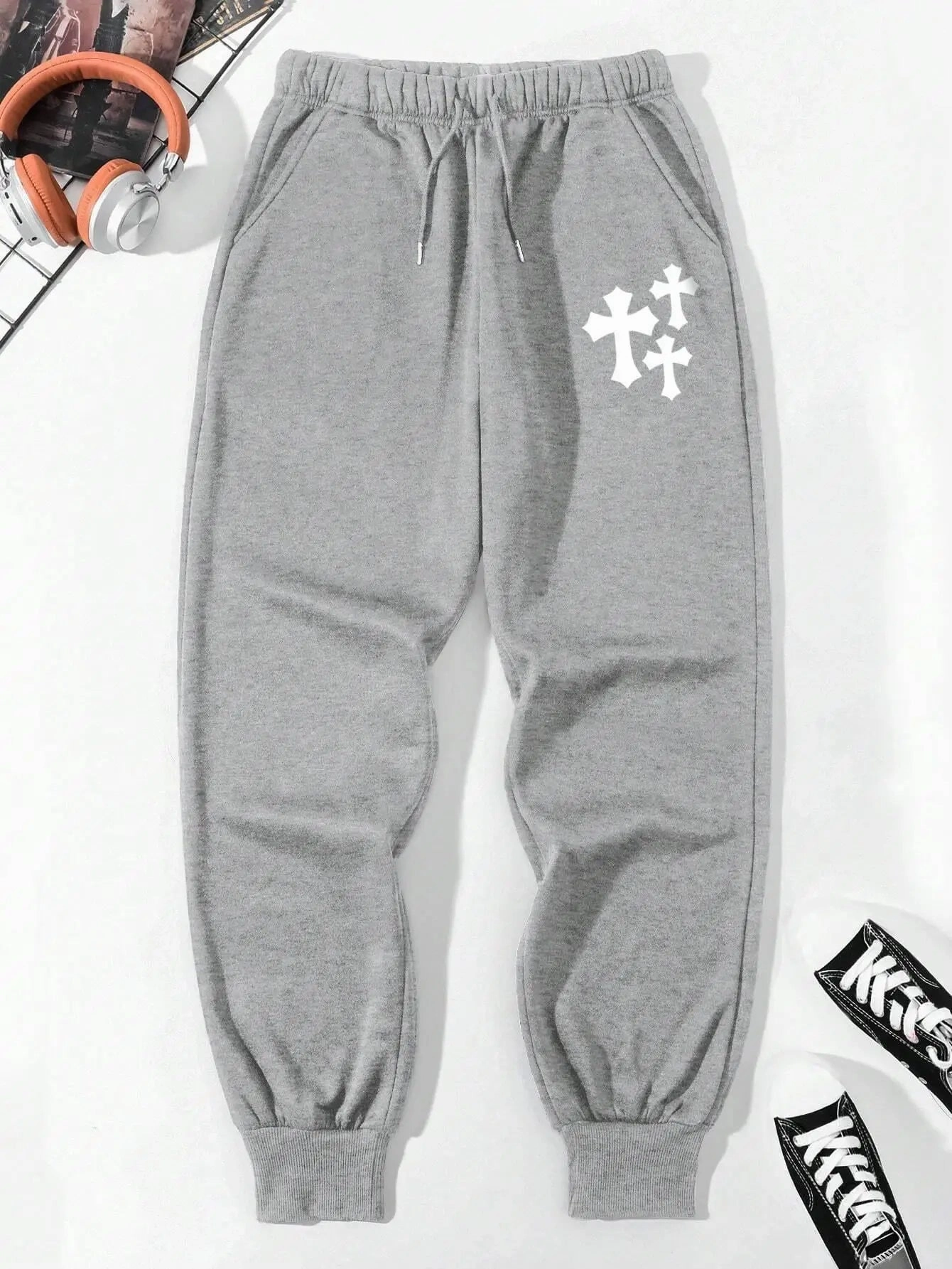 Simple Cross Printing Casual Women Pants with Pockets Loose Sweatpants for Everyday Wear