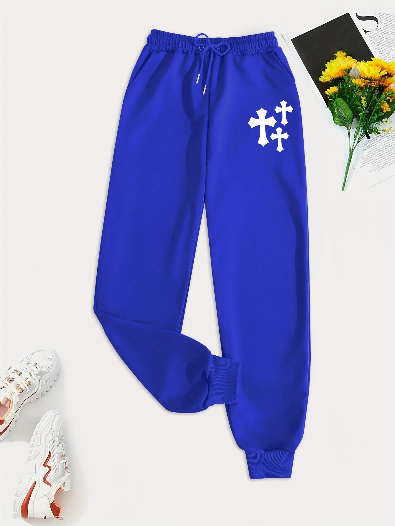 Simple Cross Printing Casual Women Pants with Pockets Loose Sweatpants for Everyday Wear