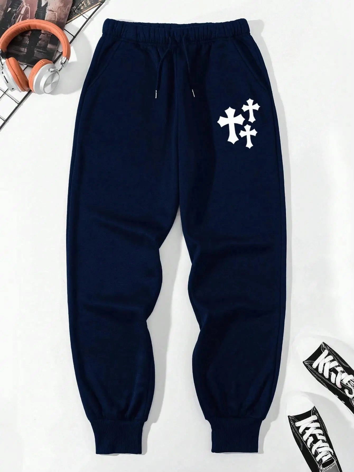Simple Cross Printing Casual Women Pants with Pockets Loose Sweatpants for Everyday Wear