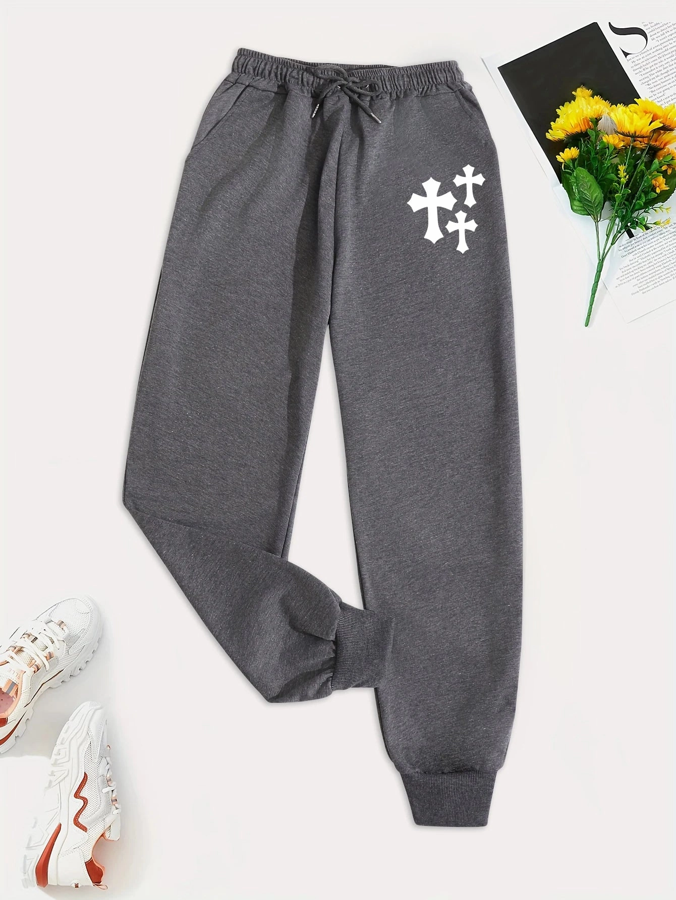 Simple Cross Printing Casual Women Pants with Pockets Loose Sweatpants for Everyday Wear