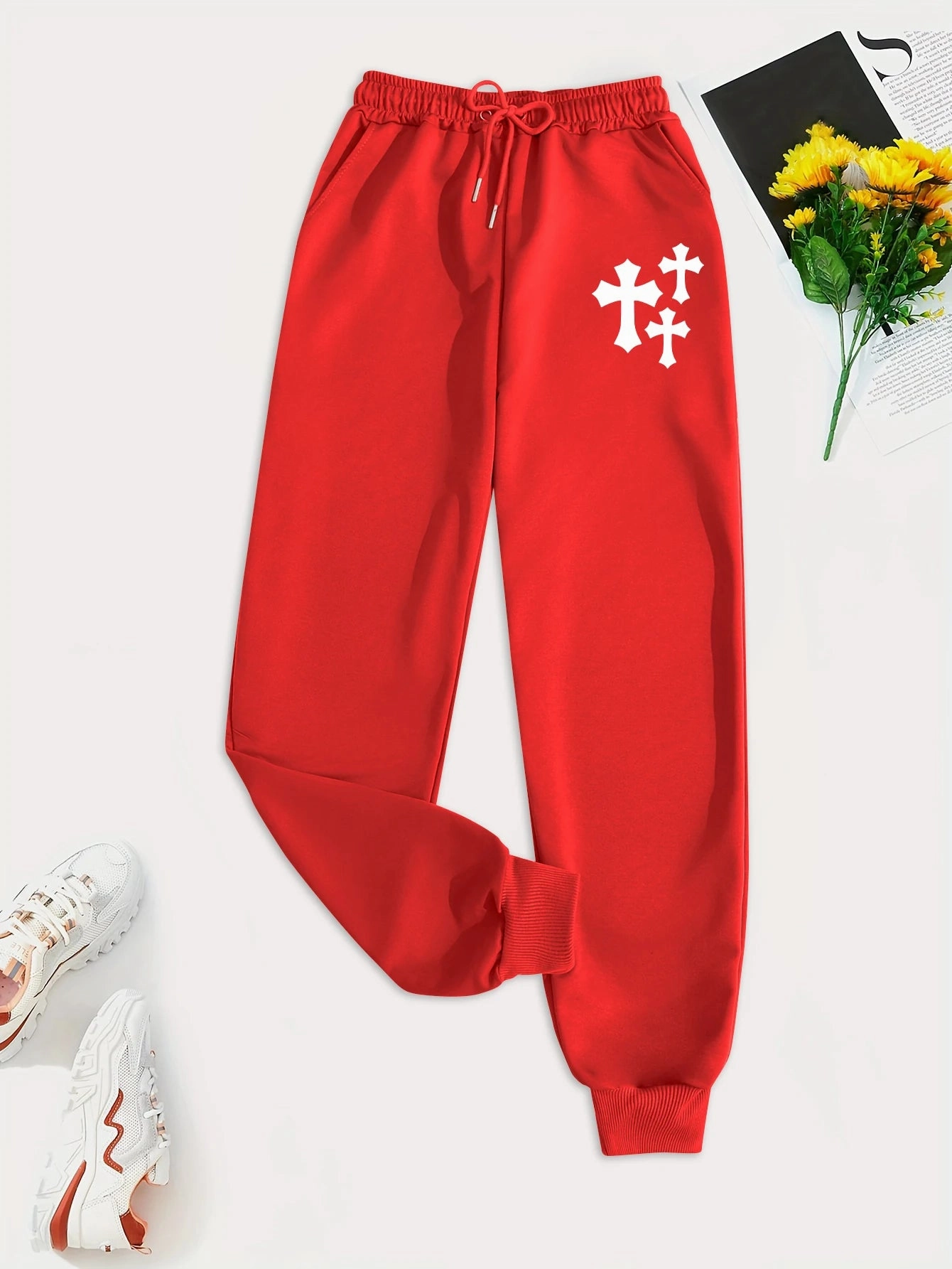 Simple Cross Printing Casual Women Pants with Pockets Loose Sweatpants for Everyday Wear