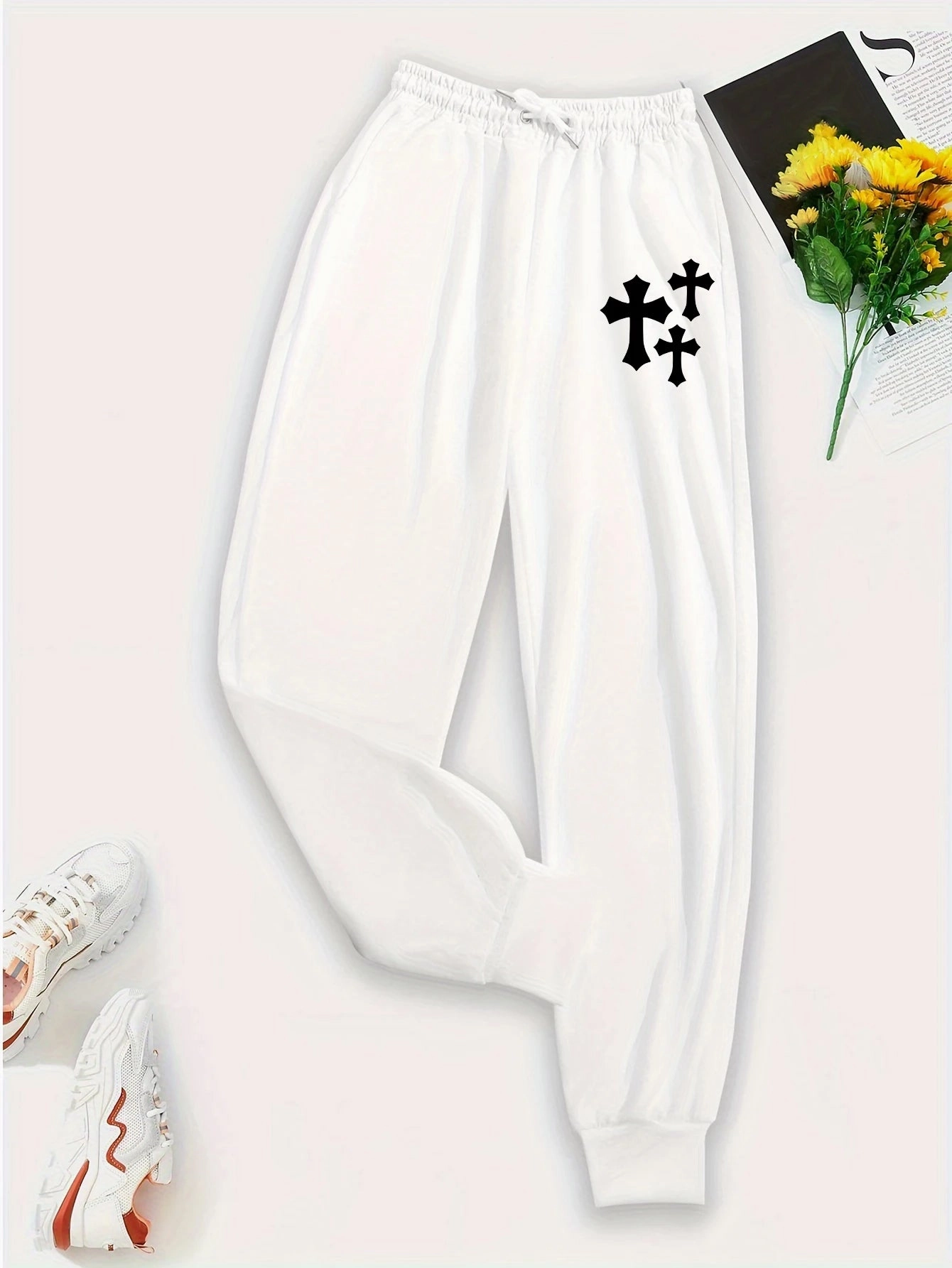 Simple Cross Printing Casual Women Pants with Pockets Loose Sweatpants for Everyday Wear