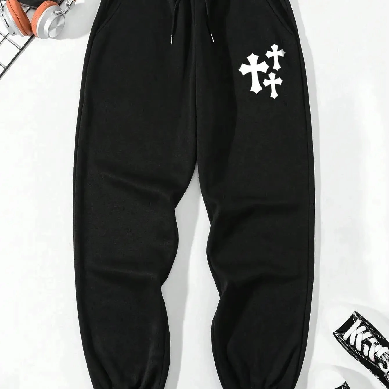 Simple Cross Printing Casual Women Pants with Pockets Loose Sweatpants for Everyday Wear