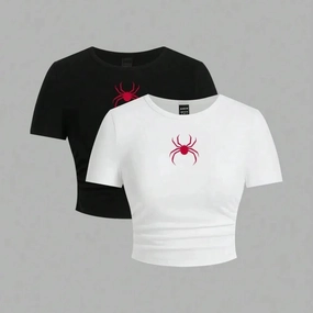 Simple Red Spider Print Crop Top Summer Street Fashion T-Shirt Slim-fit Comfortable Soft High Elastic Female Tee